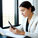 A calm professional woman in a modest business suit is sitting at a clean, modern desk, gently holding a pen above an open journal. Her gaze is thoughtful and directed downwards, as if contemplating deep thoughts. The office environment is bright and minimalist, with soft natural light coming through a large window, creating a serene atmosphere. fully clothed, appropriate attire, safe for work, perfect anatomy, correct proportions, natural pose, well-formed hands, proper finger count, natural body proportions, professional photography, high quality, family-friendly.