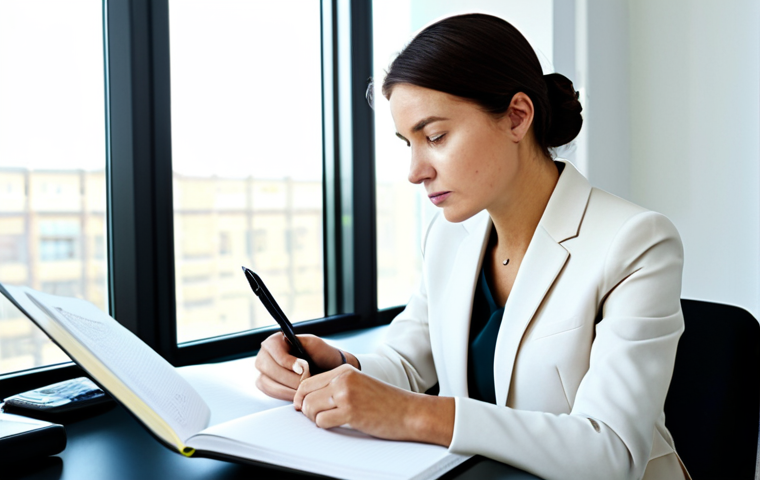 A calm professional woman in a modest business suit is sitting at a clean, modern desk, gently holding a pen above an open journal. Her gaze is thoughtful and directed downwards, as if contemplating deep thoughts. The office environment is bright and minimalist, with soft natural light coming through a large window, creating a serene atmosphere. fully clothed, appropriate attire, safe for work, perfect anatomy, correct proportions, natural pose, well-formed hands, proper finger count, natural body proportions, professional photography, high quality, family-friendly.
