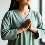 A peaceful woman in a calm, mindful pose, gently placing her hands over her heart, embodying self-compassion and inner peace. She is wearing comfortable, modest loungewear in soft, neutral tones. The setting is a minimalist, sunlit studio with large windows and a few green plants, creating a serene and introspective atmosphere. The lighting is soft and natural, highlighting a sense of tranquility. Perfect anatomy, correct proportions, natural pose, well-formed hands, proper finger count, natural body proportions. Fully clothed, appropriate attire, modest clothing, safe for work, appropriate content, family-friendly, professional photography, high quality, studio lighting.