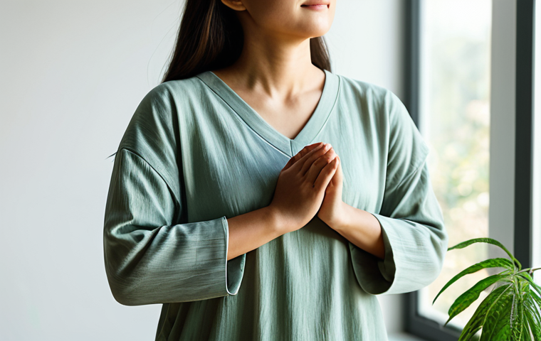 A peaceful woman in a calm, mindful pose, gently placing her hands over her heart, embodying self-compassion and inner peace. She is wearing comfortable, modest loungewear in soft, neutral tones. The setting is a minimalist, sunlit studio with large windows and a few green plants, creating a serene and introspective atmosphere. The lighting is soft and natural, highlighting a sense of tranquility. Perfect anatomy, correct proportions, natural pose, well-formed hands, proper finger count, natural body proportions. Fully clothed, appropriate attire, modest clothing, safe for work, appropriate content, family-friendly, professional photography, high quality, studio lighting.