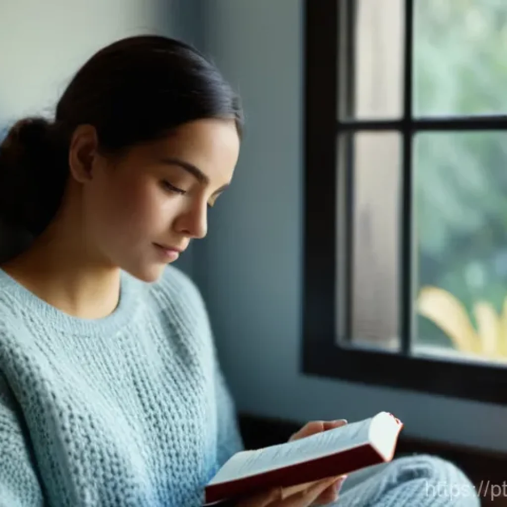 효율적인 자기 객관화 방법 - **Prompt:** A young adult woman, mid-20s, with a gentle, introspective expression, sitting comfortab...