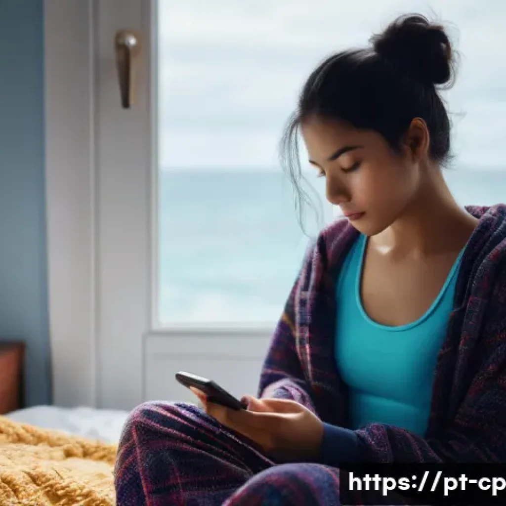 자기 객관화와 사회적 기술 - **Prompt:** A young woman, approximately 22 years old, sits on a plush, slightly rumpled bed in a di...