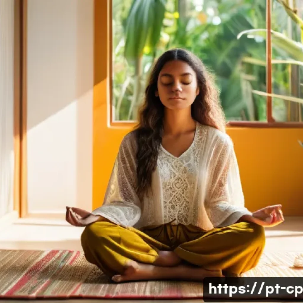 자기 객관화의 심리적 기초 연구 - A serene scene of a young Brazilian woman practicing mindfulness meditation in a sunlit room decorat...