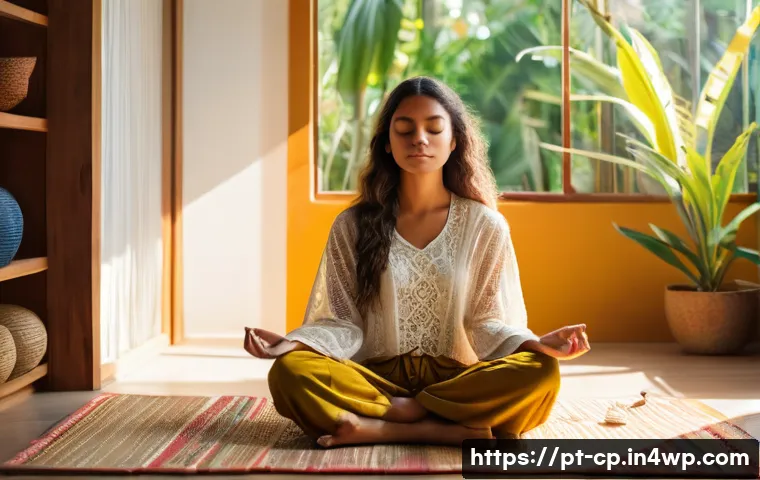 자기 객관화의 심리적 기초 연구 - A serene scene of a young Brazilian woman practicing mindfulness meditation in a sunlit room decorat...