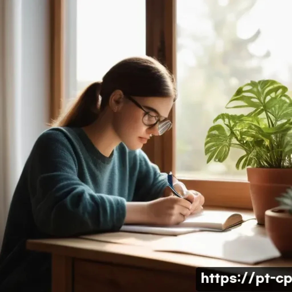 자기 객관화의 중요성에 대한 연구 결과 - A serene home office scene featuring a young adult woman sitting thoughtfully at a wooden desk with ...
