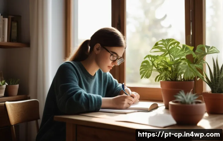 자기 객관화의 중요성에 대한 연구 결과 - A serene home office scene featuring a young adult woman sitting thoughtfully at a wooden desk with ...