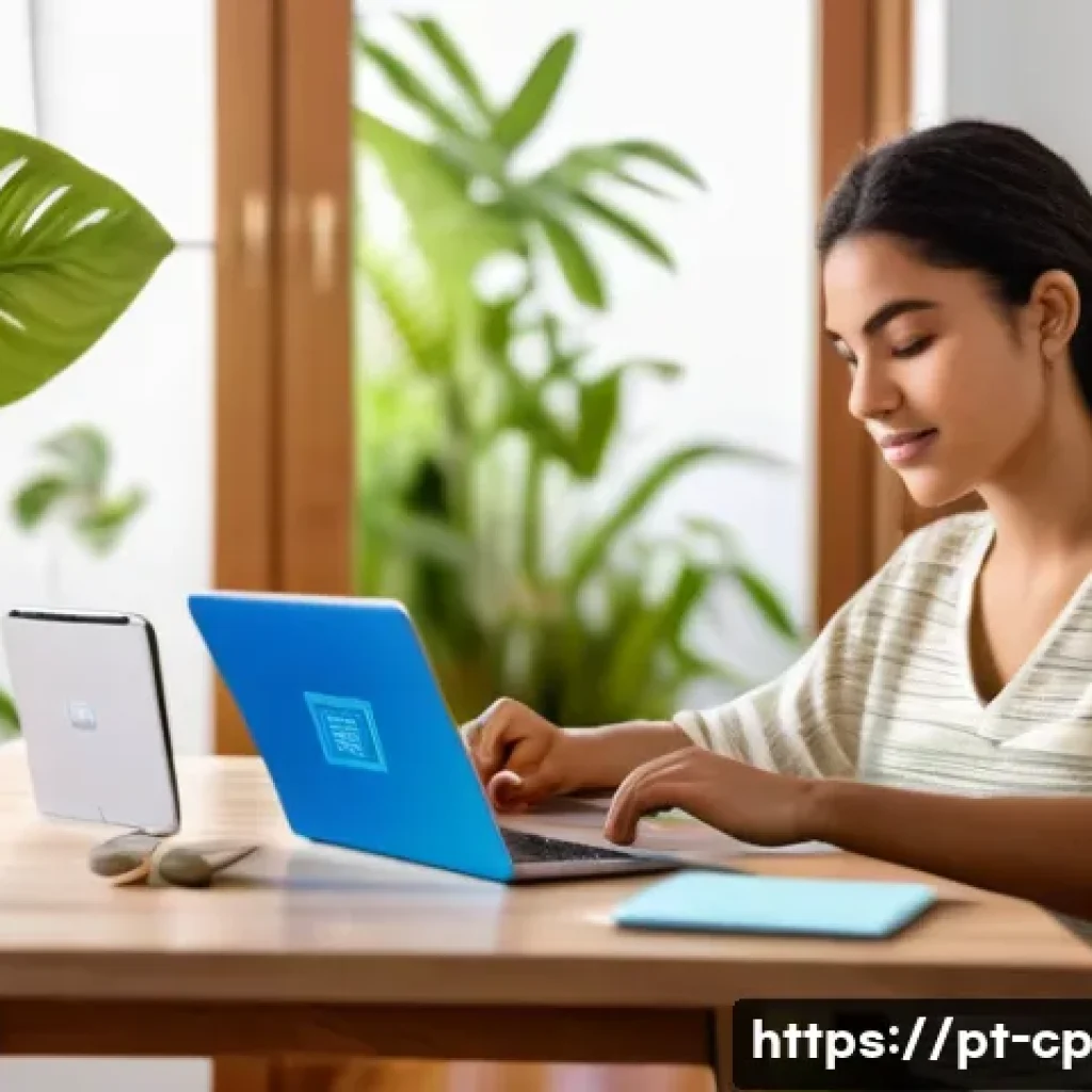 자기 객관화 실천을 위한 기술적 접근 - A modern digital workspace scene featuring a young Brazilian adult using a sleek laptop and smartpho...