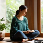 Home 18 자기 객관화의 개념과 활용법 - A serene indoor scene showing a young adult woman sitting cross-legged on a cozy rug by a large wind...
