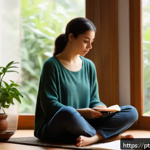 Home 30 자기 객관화의 개념과 활용법 - A serene indoor scene showing a young adult woman sitting cross-legged on a cozy rug by a large wind...