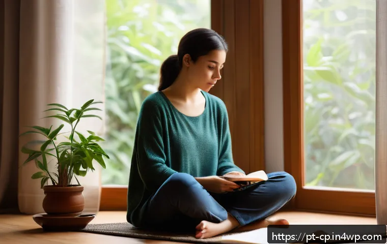 자기 객관화의 개념과 활용법 - A serene indoor scene showing a young adult woman sitting cross-legged on a cozy rug by a large wind...