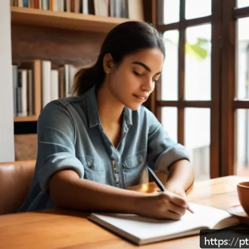 Home 29 자기 객관화 능력 개발을 위한 계획 수립 - A serene home office scene featuring a young adult woman of Brazilian descent sitting at a wooden de...
