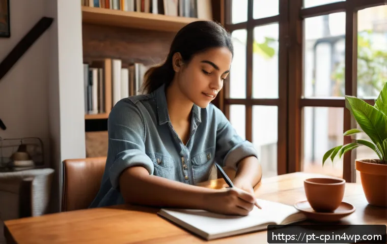 자기 객관화 능력 개발을 위한 계획 수립 - A serene home office scene featuring a young adult woman of Brazilian descent sitting at a wooden de...